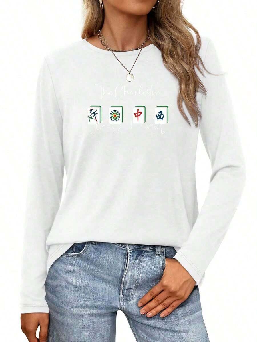 Mahjong Characters Dancing In 'Charleston' Womens Long-Sleeve Crewneck-ShirtFashionable Women's Clothing - trắng - Xem 1