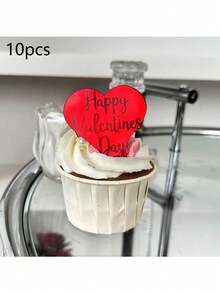 5pcs/10pcs/20pcs Heart Shaped Acrylic "Happy Valentine's Day" Cupcake Toppers, Suitable For Valentine's Day Party DIY Cake & Dessert Decorations