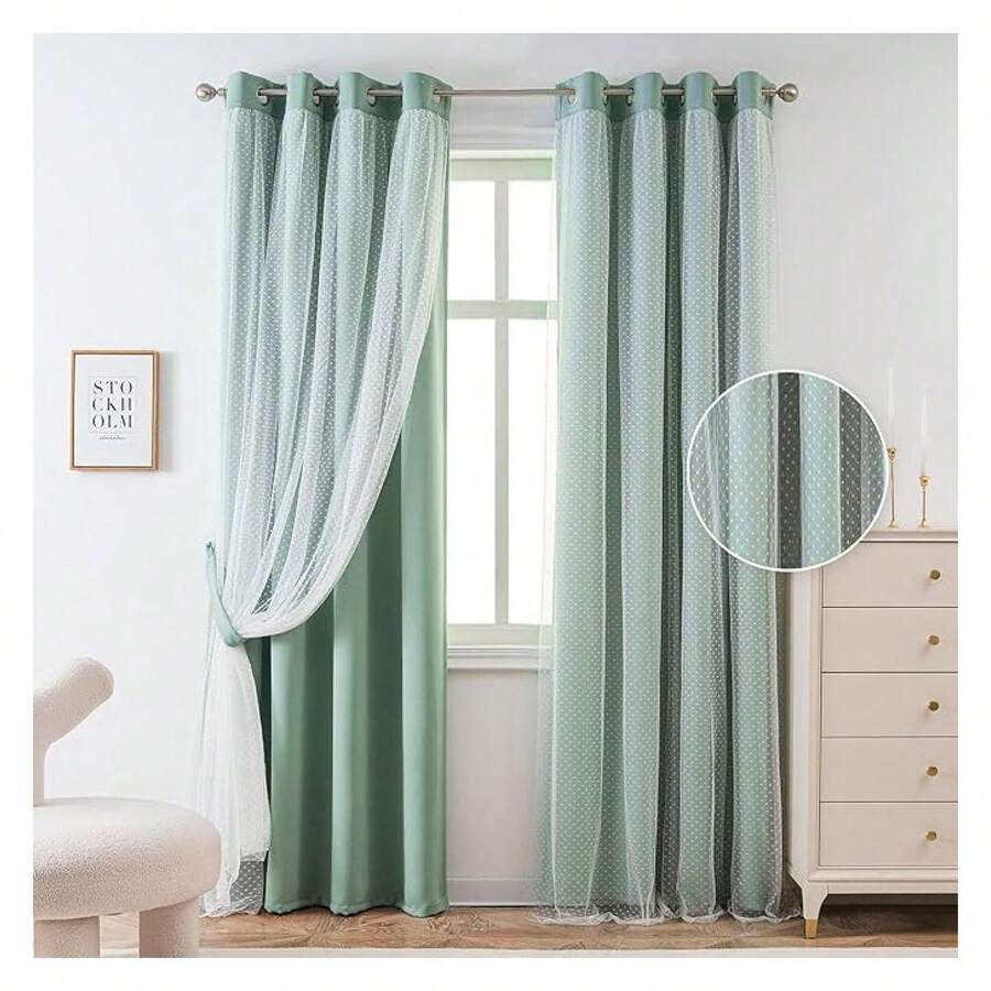 Curtains 52x95 Inch, Cute Green Polka Dot Blackout Curtains For Bedroom, Double Layer Sheer Grommet Window Panelsof 2 - 如圖02所示 - 查看 1