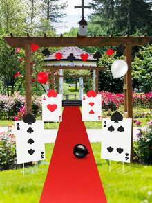 4件套 - 仙境主题派对装饰，大型女王士兵扑克牌标志，带“不给糖就捣蛋”主题派对装饰，仙境草坪花园标志，万圣节户外装饰，主题派对装饰，巨型游乐场标志，带赌注，大型仙境草坪标志，非常适合派对入口，汽车心形入口拱门，魔术师生日装饰 - 彩色 - 查看 5