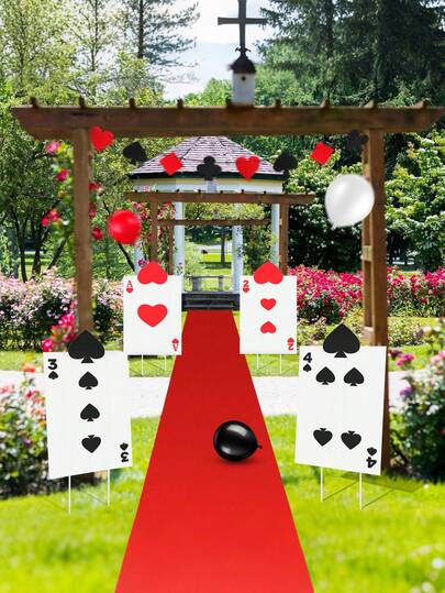 4件套 - 仙境主题派对装饰，大型女王士兵扑克牌标志，带“不给糖就捣蛋”主题派对装饰，仙境草坪花园标志，万圣节户外装饰，主题派对装饰，巨型游乐场标志，带赌注，大型仙境草坪标志，非常适合派对入口，汽车心形入口拱门，魔术师生日装饰