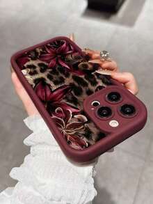 Coque de téléphone épaisse antichoc à imprimé léopard bordeaux sexy et floral vintage, compatible avec iPhone 11, 12, 13, 14, 15, 16, 13 Pro Max, 16 Plus, XR, 7, 8 Plus, 17 Pro Max, 15 Pro Max et autres modèles. - Rouge foncé - Voir 3