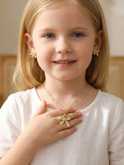 3件套优雅不锈钢锆石镶嵌蝴蝶结吊坠项链耳环首饰套装，派对装饰配件