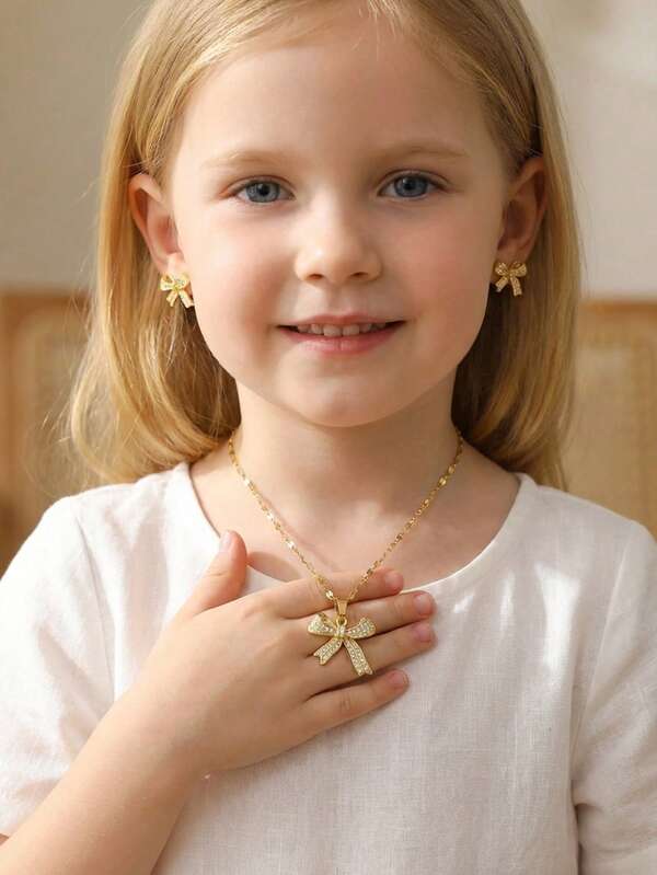 3件套优雅不锈钢锆石镶嵌蝴蝶结吊坠项链耳环首饰套装，派对装饰配件