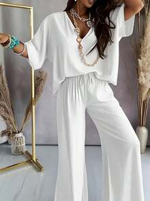 New Women's Fashionable Batwing Sleeve Set Is Suitable Work, Date, Commuting, Party, And Daily Casual Wear.It Offers Comfortable Clothing.Valentine's Day Appropriate Gifts Outfit Travel, ‌   Chill Outfit ‌ - 白色 - 查看 2