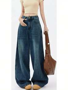 Quần jeans nữ ống rộng xếp ly cạp trung, màu xanh đậm, chất liệu denim bạc màu, thiết kế xếp ly ở eo, cúc kim loại, kiểu dáng vintage năm 2026. - Rửa tối - Xem 3