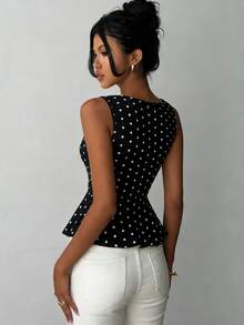 女士新款波点无袖梭织面料交叉领喇叭下摆背心，适合度假、海滩、日常、派对、休闲、通勤、夏季假日等场合。 - 黑與白 - 查看 5