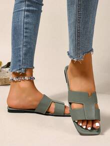 New Spring/Summer Fashion Casual One-Strap Slide Sandals, Comfortable Flat Heel Round Toe Beach Slippers, Versatile Slip-On Sandals For Women - Olive Green - View 3