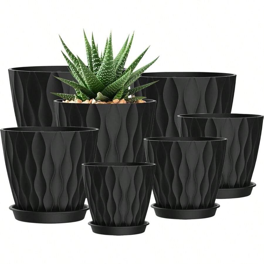 Inch Plant Pots 5 Pack, Flower Planters With Drainage Holes And Trays, Plastic Pots Indoor Outdoor Plants, White - 黑色 + 7+6.5+6+5.5+5+4.5+4英寸 - 查看 1