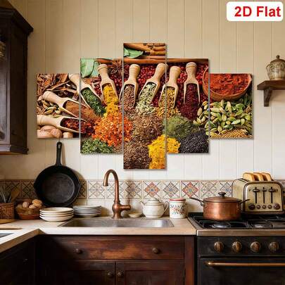 Juego de 5 piezas de arte de lienzo de cocina vibrante de 2D plano, enmarcado - Arte decorativo de pared moderno, impresiones de póster de botellas de especias coloridas, adecuado para sala de estar, dormitorio, cocina, decoración del hogar, listo para colgar
