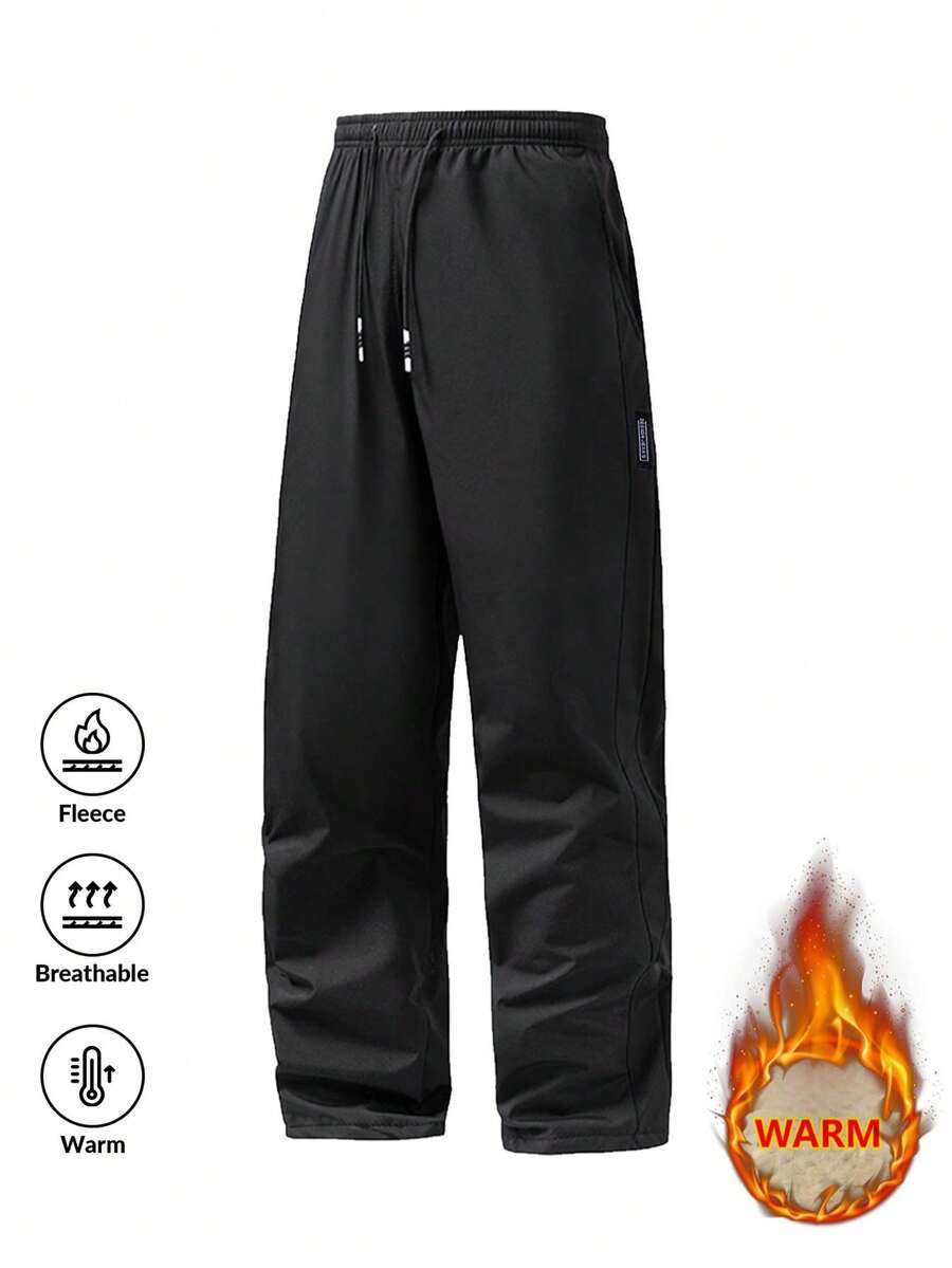 Men's Thickened Fleece Warm Pants, With Two Pockets, Adjustable Drawstring Waist, Straight Leg, Comfortable To Wear