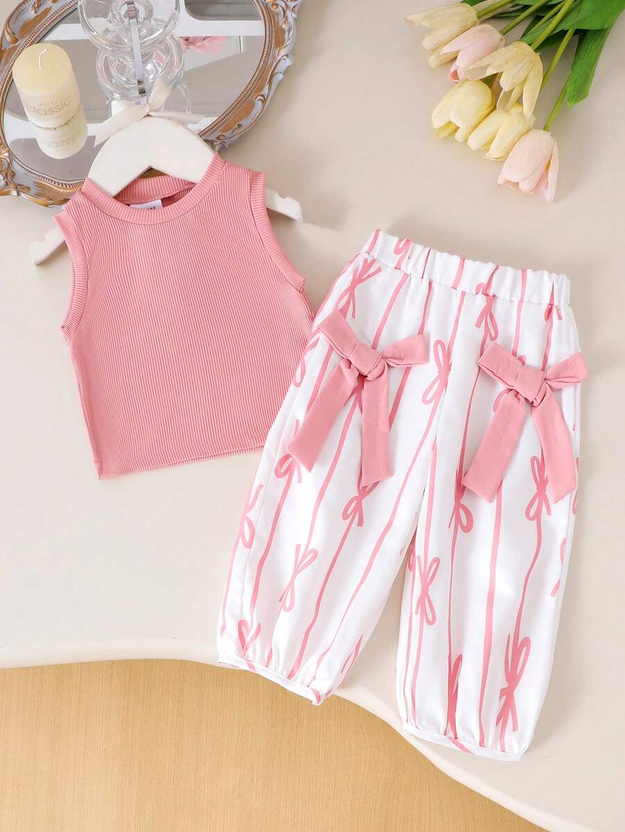 2pcs/Set Toddler Girls Casual Comfortable Tank Top + Pants Set, Lightweight Summer Outfit - Pink - View 1