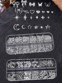 1 Box Nail Art Charms, Featuring Golden Metal Rivets, With Hollow Heart And Bow Designs, Moon, Star, For DIY Nail Decoration And Jewelry Crafting, For A Japanese-Style Manicure, And Includes Unscented Nail Rivet Accessories. - Silver - View 8