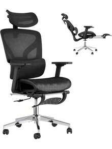 Silla de oficina ergonómica con respaldo de malla transpirable, soporte de espalda alta y reposapiés, silla de escritorio de oficina con reposabrazos ajustables en 3D y ruedas rodantes lisas, silla de escritorio cómoda para el trabajo, el estudio o los juegos - Negro - Ver 1