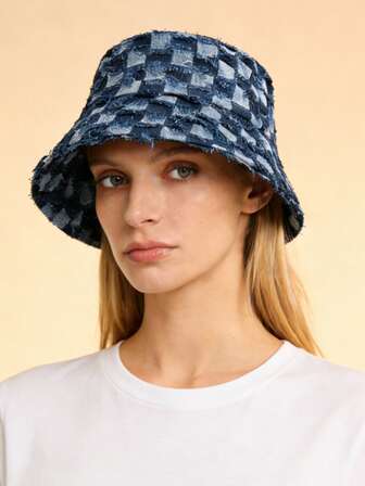 1개 빈티지 데님 격자 무늬 디스트레스드 버킷 햇 - 한국 스타일의 달콤하고 신선한 캐주얼 여성용 피티드 버킷 햇, 모든 시즌 추운 날씨 의상 여성