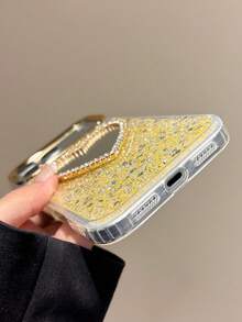 1pc Luxury Bling Glitter Golden Sequin Electroplated Camera Frame Diamond Mirrored Heart Phone Case Compatible With IPhone 17 Pro Max Air 17 Pro 16 15 14 13 12 Pro Max Plus Soft TPU Back Cover - Gold - View 4