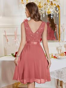 MIUSOL V-Neck Sequin Floral Lace Contrast Color Chiffon Sleeveless Ruffle Hem Cocktail Party Swing Dress, A-Line Skirt - Dusty Pink - View 3