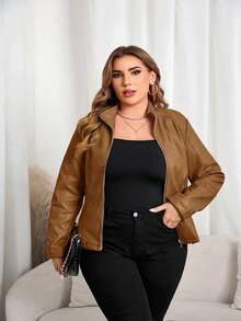 Plus Size Women's Casual Fashion Motorcycle Jacket, Suitable For Commuting And Street Photography, Faux Leather Material, Autumn/Winter - Brown - View 7