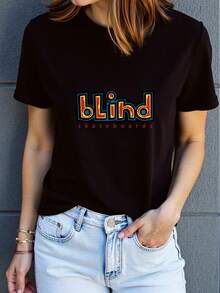 Women's Casual Short Sleeve T-Shirt - Soft And Breathable Polyester Blend, Quick Dry, Loose Fit, Bold 'Blind' Letter Print, Machine Washable, Suitable For Daily Outdoor Wear, Summer Clothes, Graphic Top, Lightweight Streetwear, Fashion Printed T-Shirt - 黑色 - 查看 3