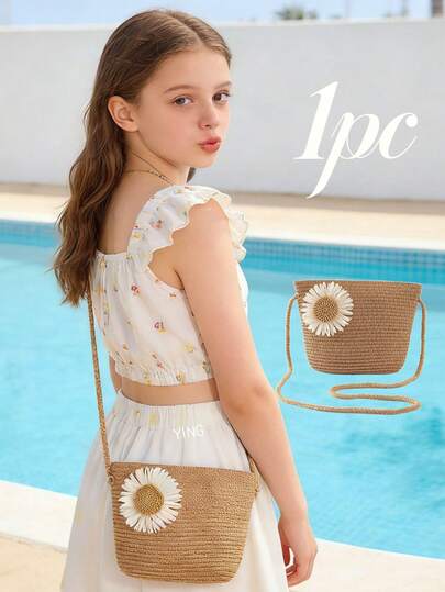 1 pieza Bolso cruzado de paja caqui unisex para adolescentes/adultos con decoración de lazo/girasol, dulce y minimalista, adecuado para atuendo diario, viajes de verano, vacaciones en la playa, regalo de primavera/verano