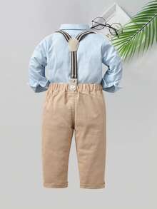 2pcs Young Boys Gentleman Outfit - Light Blue Long Sleeve Shirt With Bow Tie And Khaki Suspender Pants, Fashionable And Stylish For Weddings, Parties, Birthdays, Christenings - Baby Blue - View 4