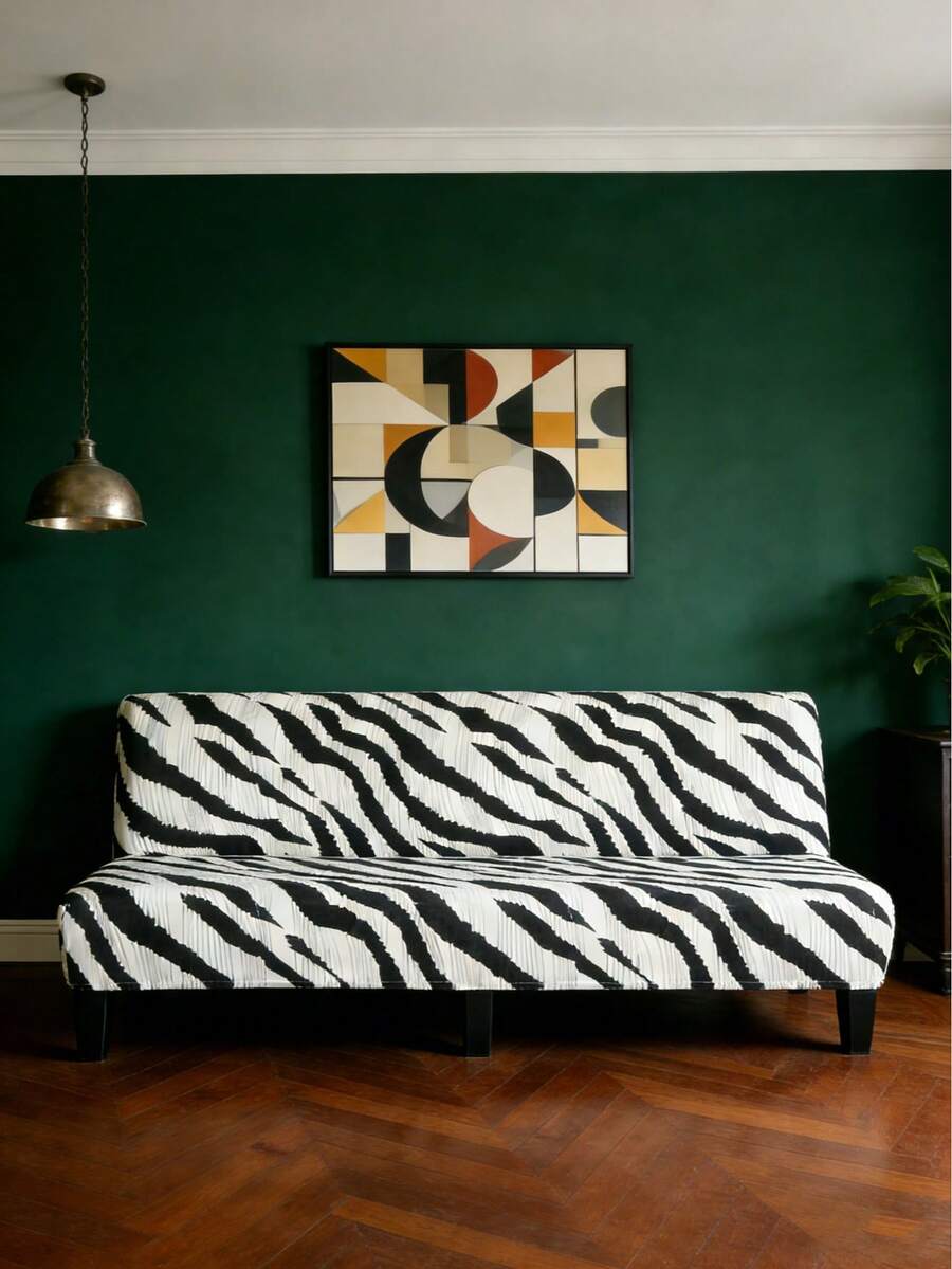 Zebra Print Elastic Sofa Bed Cover, Machine Washable, Suitable For Armless Sofas, Easy To Install, Disassemble, - Black and White - View 1