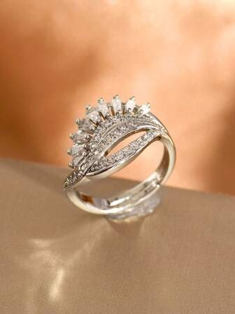 1枚时尚奢华立方氧化锆可调节叶形戒指，适合女性日常、节日、派对、旅行佩戴及作为礼物