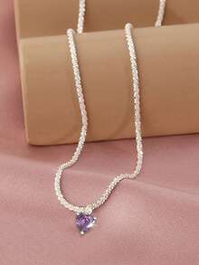 1pc Luxury Sparkling Clavicle Chain, Shimmering Purple Heart Zirconia Necklace For Valentine's Day - Silver - View 3