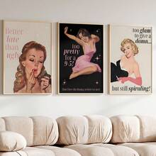 1张复古粉色女性印花海报，印有趣味标语“迟到总比丑陋好”，复古家庭主妇风格墙饰，时尚墙面艺术，适用于客厅、卧室、宿舍、公寓、餐厅、厨房和其他现代家居装饰，不含画框。