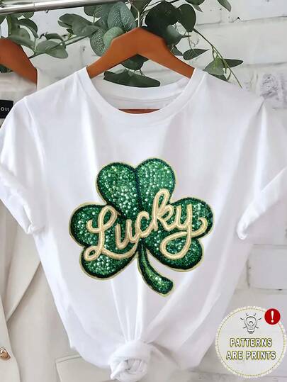 Women's Clover St. Patrick's Day Print T-Shirt, Short Sleeve Casual Crew Neck Top, Suitable For All Seasons, Ladies Apparel