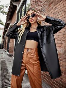 Risissida Women's PU Leather Jacket, Lapel Business Casual Jacket, Mid-Length Spring Autumn Fashion Jacket With Pockets, Winter Coat - Black - View 1