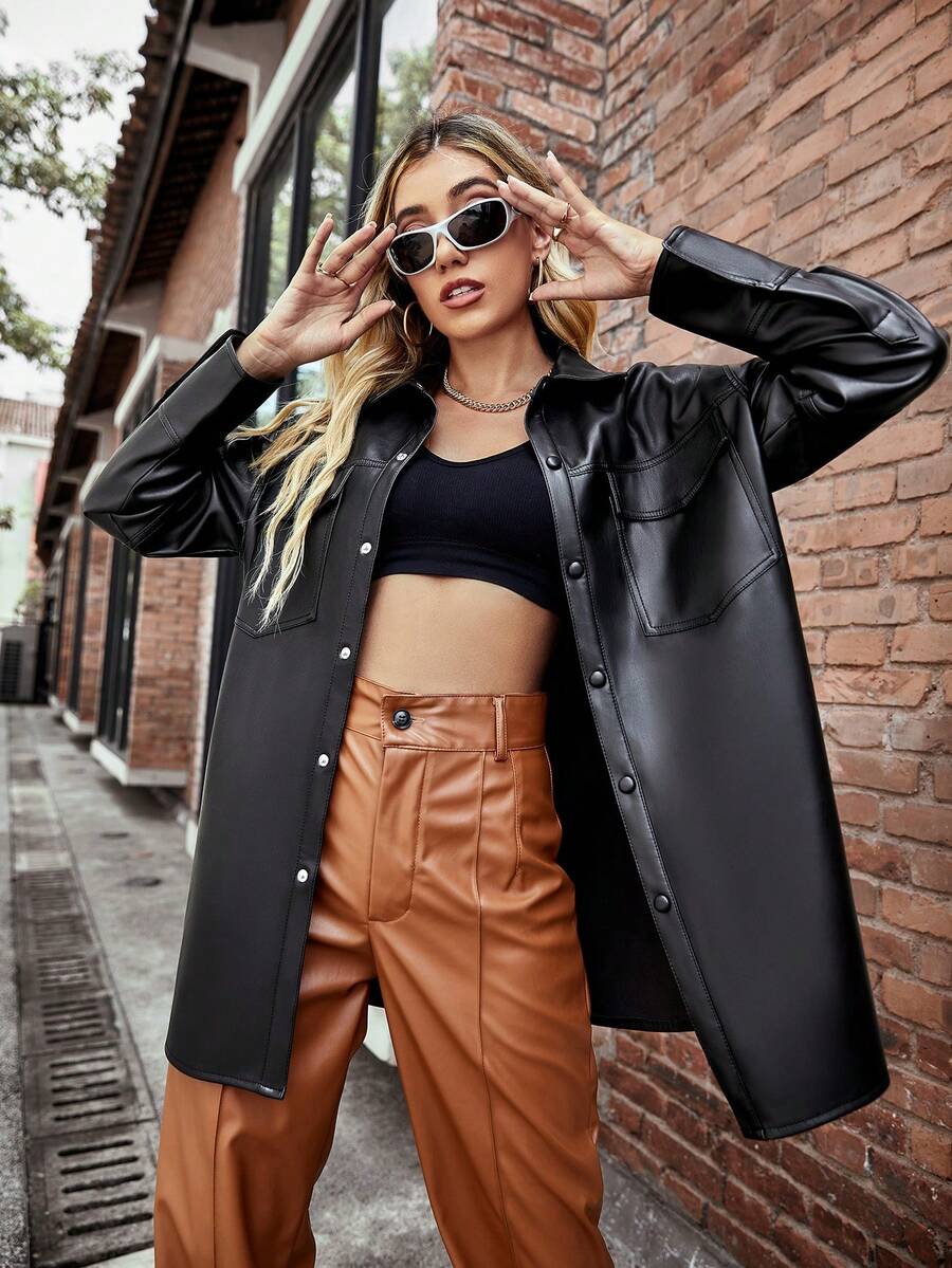 Risissida Women's PU Leather Jacket, Lapel Business Casual Jacket, Mid-Length Spring Autumn Fashion Jacket With Pockets, Winter Coat - Black - View 1