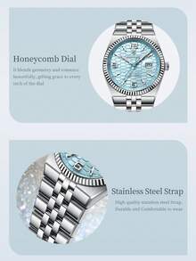 POEDAGAR 2pcs Fashionable Stainless Steel Waterproof Luminous Couples Watches, Luxury Casual Dual Calendar Quartz Watch For Men And Women, Elegant Couple Watch Set - Blue - View 5