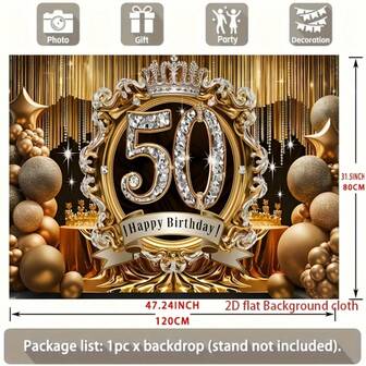 50th Birthday Party Backdrop Banner - Polyester Black & Golden Glitter Balloon Design For 50 Years Old Celebration - Multipurpose Photography Background 70.8x90.5inch For Indoor & Outdoor Decor