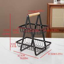 3-Tier/2-Tier Metal Countertop Fruit Basket With Removable Wooden Handle - Sturdy Kitchen Storage Organizer For Fresh Produce, Bread And Snacks - Ideal For Home And Kitchen Display, Fruit Basket, Bread Box, Fruit Tray, Kitchen Fruit Basket - Black - View 3