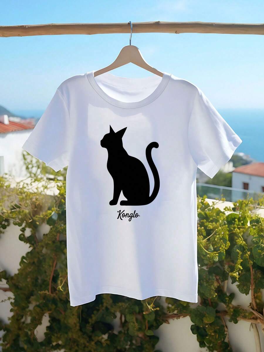 Women's Black T-Shirt - Minimalist Casual Everyday Tee With Soft Crew Neckline, Machine Washable Everyday Top For Women - All-Season Everyday Essential, Ladies T Shirts, Comfortable Clothing, Playful Cat Design, Relaxed Fit - White - View 1