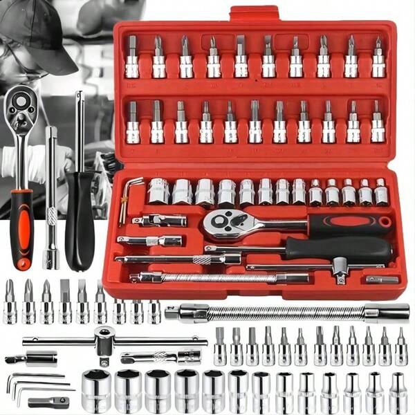 ZUSWOD 46pcs Of Chrome Vanadium Steel Impact Sleeve Tool Set, 1/4 Inch Drive, Professional Automotive Master Tool Kit - A High-Quality Tool Set Suitable For Cars, Bicycles, Motorcycles, And Home Maintenance, One-Stop Solution