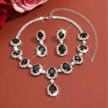 Bộ trang sức 2 món đính đá lấp lánh cao cấp, dây chuyền và bông tai, phụ kiện cô dâu thanh lịch. - Bộ 2 món kim cương hình oval lớn - Xem 6