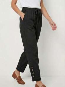 女士黑色休闲弹力腰抽绳口袋裤 - 轻薄夏季纽扣细节七分裤 - 黑色 - 查看 4