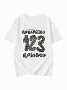 日系女式宽松圆领简约百搭手绘涂鸦字母印花短袖T恤，春夏款 - 白色 - 查看 4