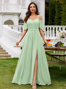 MIUSOL Floral Lace Off-Shoulder Sweetheart Neck Slit Thigh Formal Party Dress, Elegant Ladies Gown Suitable For Vacation, Graduation Ceremony, Banquet And Other Occasions - Mint Green - View 2