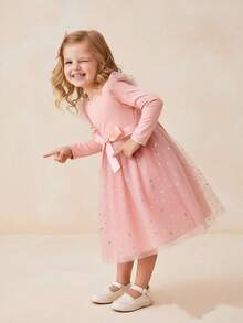 Young Girl Spring/Autumn Star & Mesh Contrast Long Sleeve Princess Dress - Pink - View 8