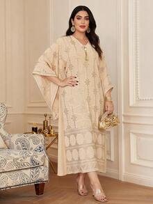 Vestido elegante con cuello en V bordado con borlas, estilo tradicional de Ramadán 2026 para mujeres - Albaricoque - Ver 2