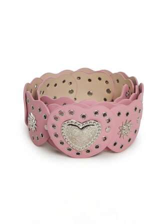 1pc Boho Chic Pink Heart PU Patchwork Women's Belt, Y2K Silver Rivet Decor Buckle Wide Waist Belt, Y2K Accessories, Suitable For Dresses, Pants, Valentine's Day Outfit, Party, Casual, Date, Street, Campus, Shopping, Music Festival, Valentine's Day Gift, New Year