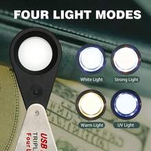 Lupa de Mano para Joyería, Lupa de 10x con Luz LED, 4 Fuentes de Luz, Adecuada para Monedas, Gemas, Sellos, Diamantes, Relojes - Plateado - Ver 3