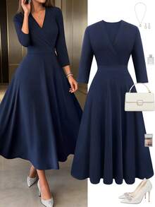 Plus Size Women's V-Neck Solid Color Elegant Dress, Suitable For Valentine's Day, Spring/Summer - Navy Blue - View 2