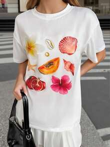 女士Y2K时尚休闲百搭度假纯色简约风格花卉、贝壳、海星、水果图案圆领短袖T恤，春夏款