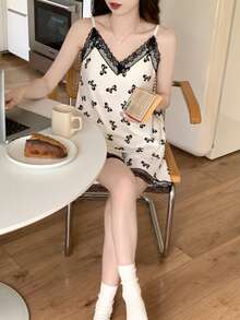 2 pièces Ensemble pyjama femme, débardeur et short décontracté ample, imprimé nœud, tenue de détente confortable, tissu facile d'entretien - Noir et Blanc - Voir 10