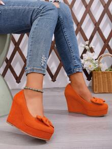 Women's Spring New Suede Bow Tie Wedge Mary Jane Shoes, Platform Thick Sole Fashionable Versatile Shoes - Orange - View 3