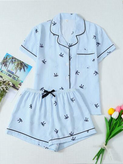 [Elegant Fields]2pcs Plus Size Women Cute Striped Bow Print Pajama Set, Lapel Button Short Sleeve Top And Bow Shorts, Summer Sleepwear & Loungewear, Cool Light Blue